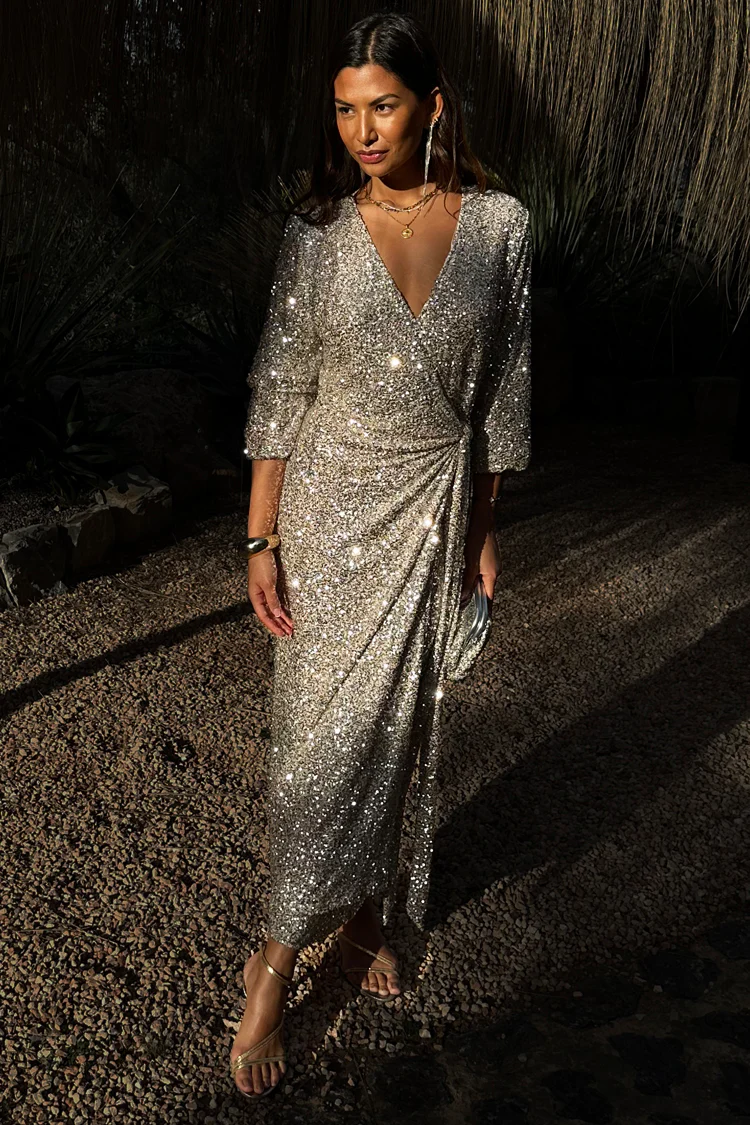 Silver Sequin Kira Wrap Dress - Image 7